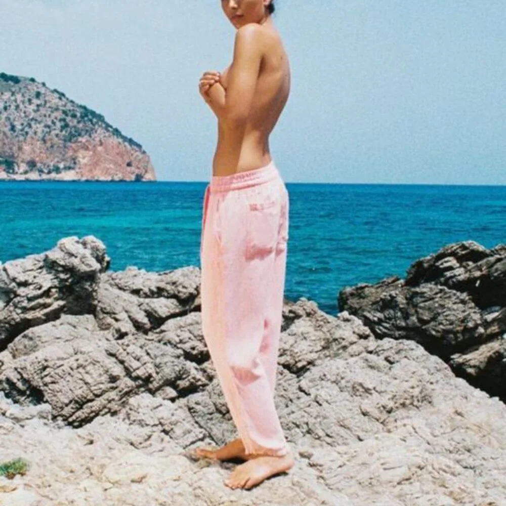 Zara Raw Hem Trousers Pink Linen Blend High Rise Utility Joggers